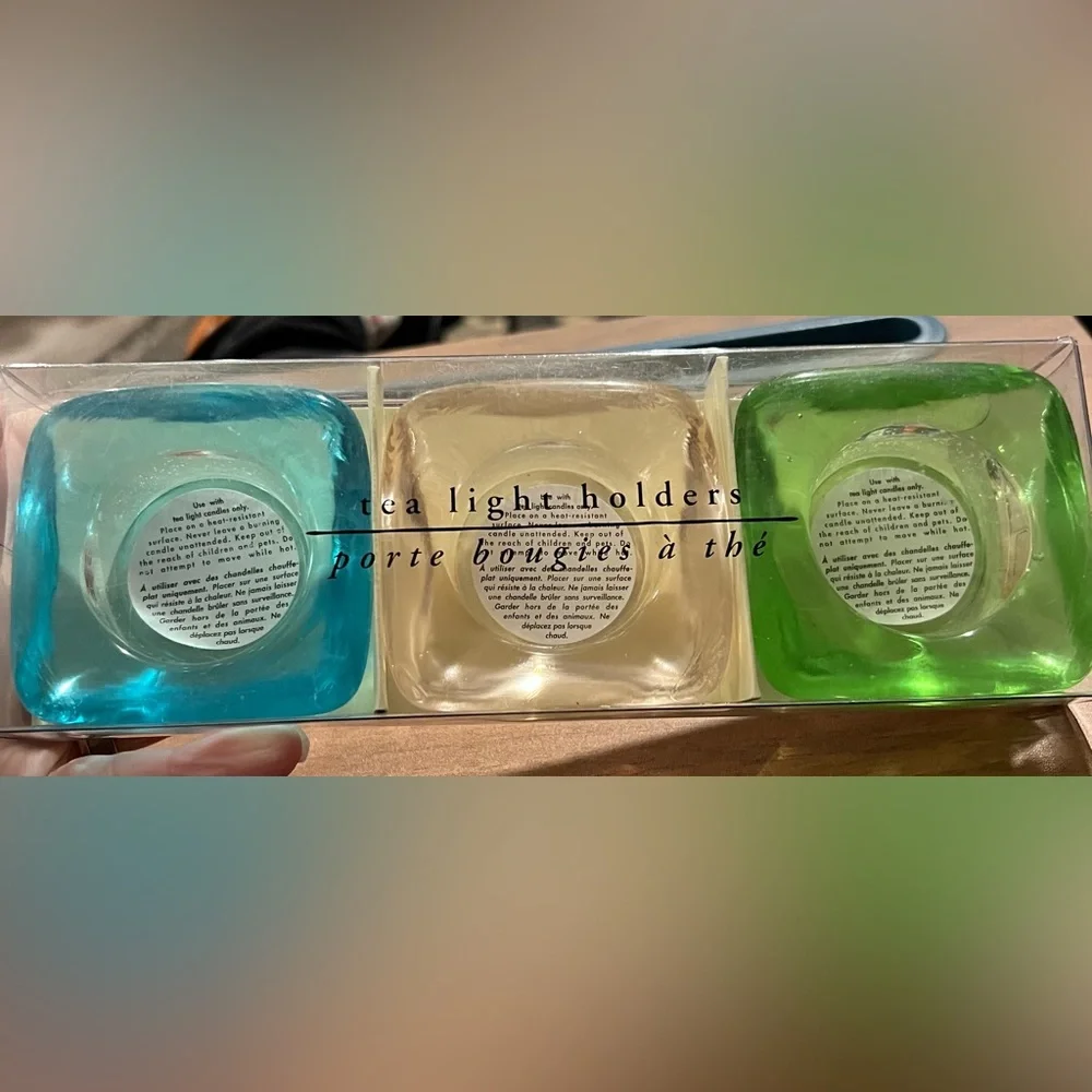 VTG Set of 3 Pier 1 Imports Glass Tea Light Holders Blue Pink Green NIB